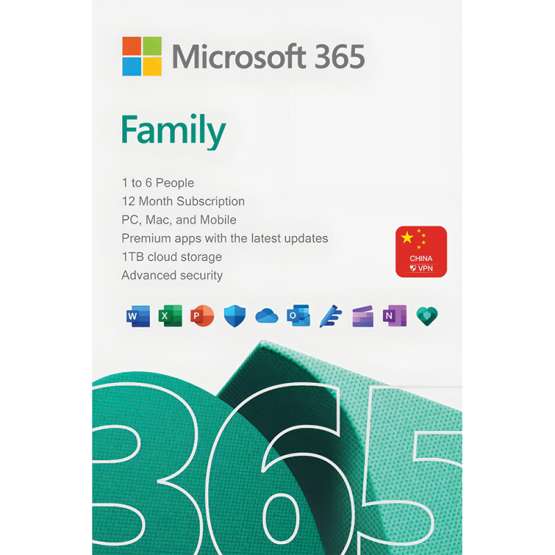 Microsoft 365 Family, 1 year, 6 users, PC/MacOS/Mobile, Bind, VPN activation, digital license, Global